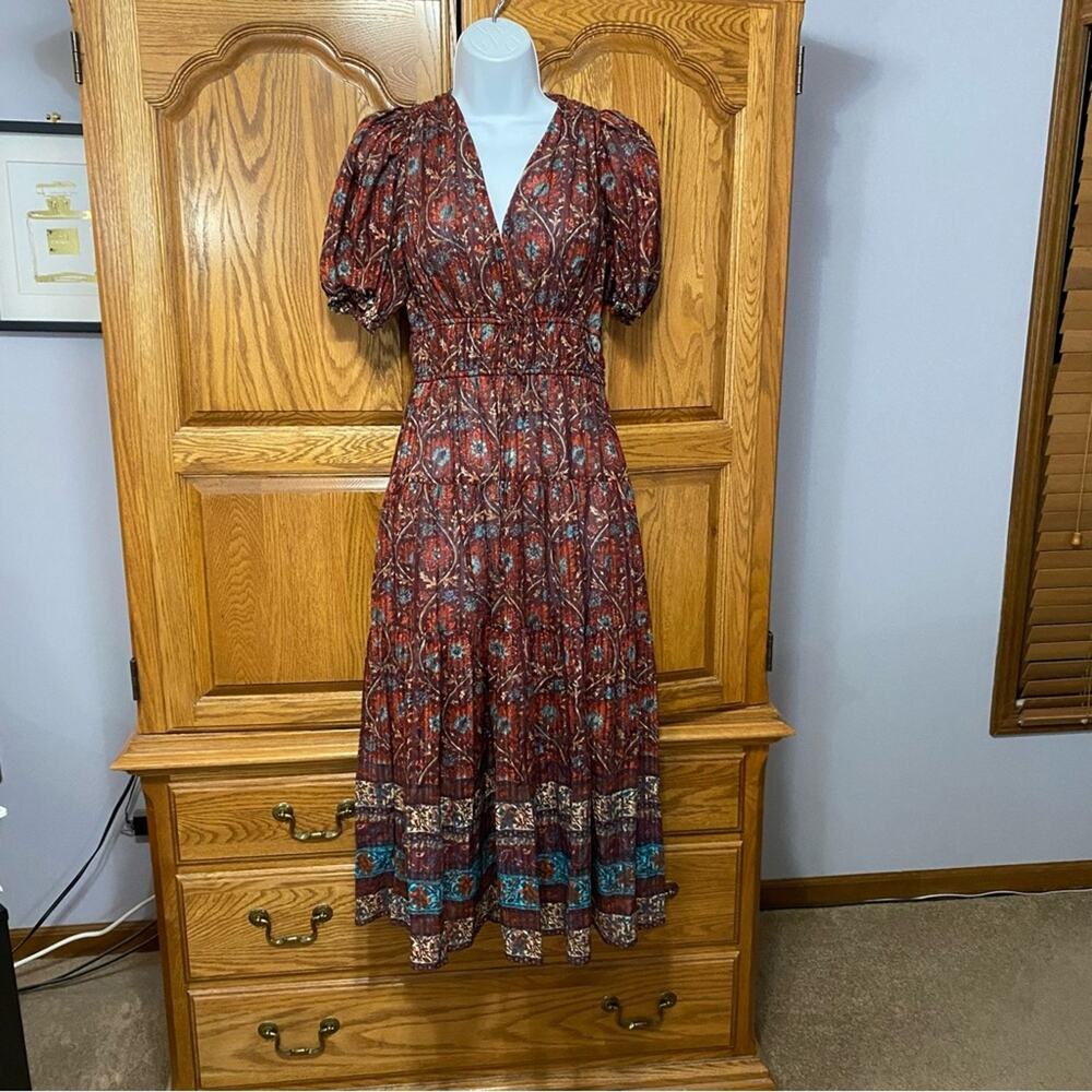 Ulla Johnson Ilana Botanical Shadow Stripe Maxi Dress Pomegranate/Caspia Sz 00